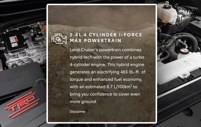 MPG for Hybrid Land Cruiser 2.4L iForce Max Fuel Economy = 27 MPG (Toyota estimate)